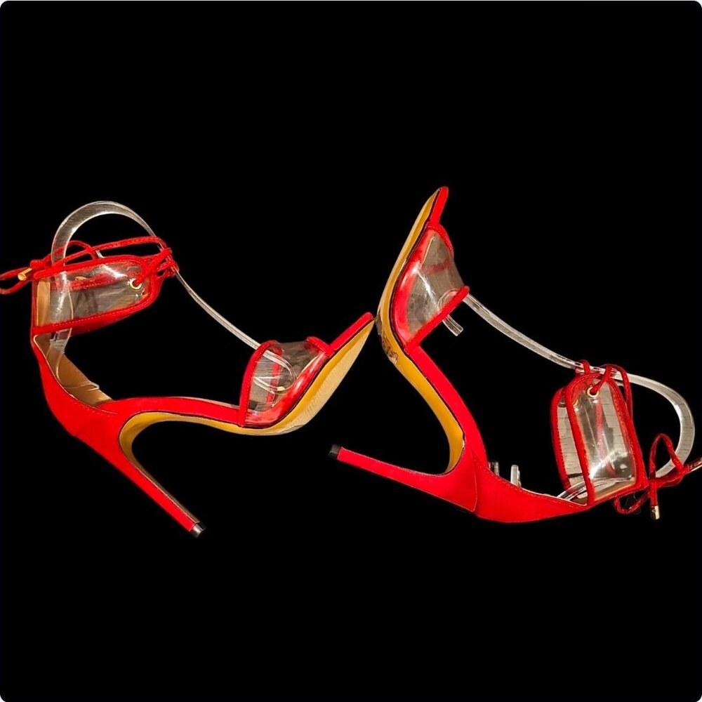 Red High Heel Sandals With Gold Chain Ankle Strap - Picture 5 of 10